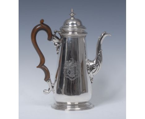 A George II silver tapered cylindrical coffee pot, hinged domed cover with knop finial, fruitwood scroll capped handle, skirt