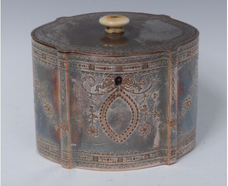 A George III Shefield plate commode shaped tea caddy, bright-cut engraved with flowering swags, bell husk pendants and vacant