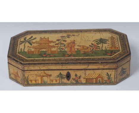 A George III penwork canted rectangular playing card box, decorated overall in the Chinoiserie with figures and pagodas, hing