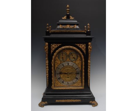 A large Victorian gilt metal mounted ebonised musical repeating bracket clock, in George II style, 19cm arched brass dial wit