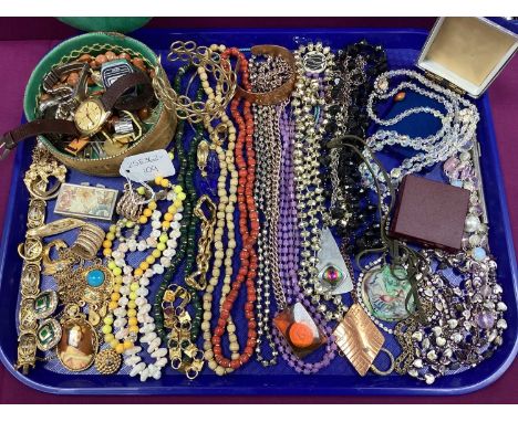 An Assortment of Modern Costume Jewellery, to include enamel inlaid gilt coloured clip-on earrings, beaded necklace, damascen