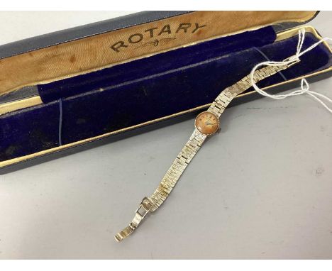 Rotary; A 9ct White Gold Ladies Wristwatch, the signed dial with baton markers (damaged), within circular case, to integral 9