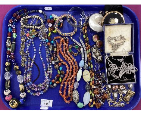  An Assortment of Vintage and Later Jewellery, polished hardstone necklace, marcasite set drop, Modernist Studio style clip-o