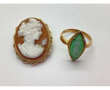 An Antique Dainty Cameo Style Ring, of marquise shape (finger size K); A 9ct Gold Oval Shell Carved Cameo Brooch, depicting f