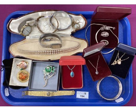 An Assortment of Vintage and Later Jewellery, to include a fine link chain stamped "9K", suspending an imitation pearl bead s