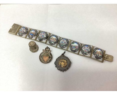 A Persian Art Deco Style Painted Wide Panel Bracelet, (damages), each panel depicting flora and fauna scenes, Khaju Bridge, e