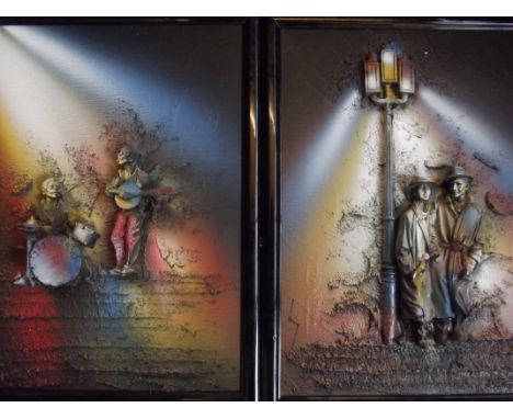 Pair of unusual framed canvases, decorated with resin in relief depicting a jazz band and two figures by a street lamp