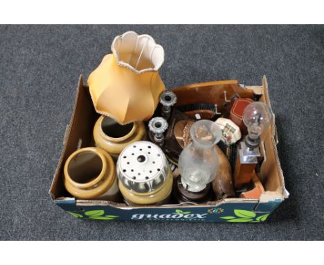 A box of antique stoneware kitchen jars, clothes brushes, Art Deco style lamp, candlestick etc 