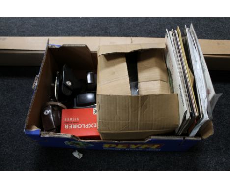 A box of Gnome projector and screen, cameras, small quantity of LP's, Easy listening 