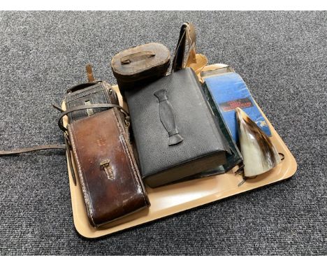 A tray of vintage Kodak camera in case, leather cased field glasses, gent's travel set, Ordnance Survey map etc 