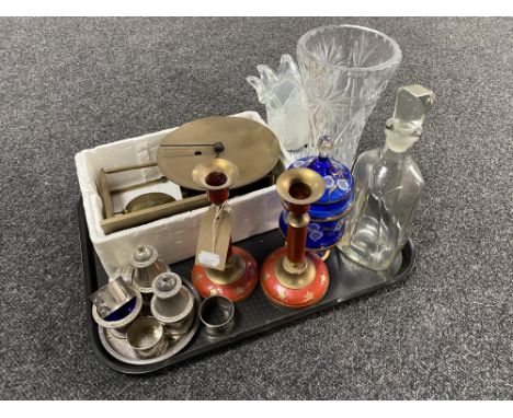 A tray of a brass mantel clock, plated cruet set, antique and later glass vases and decanter 
