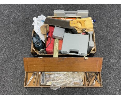 A wooden tool box containing joinery hand tools and a further box containing hand tools and power tools 