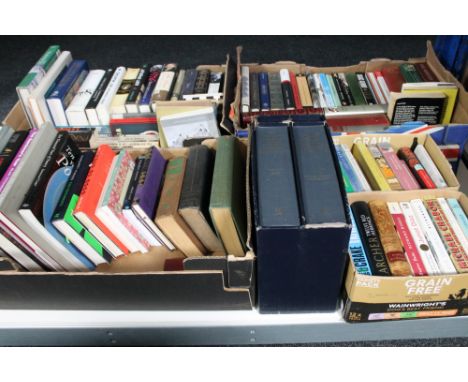 Five boxes of books; reference, novels, Tolkien paperbacks, two volumes The Compact Edition of The Oxford English Dictionary 