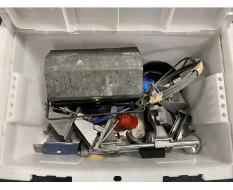 A plastic storage crate containing metal tool box and tools, oil can, metal vice etc 