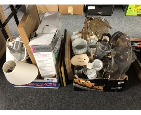 Two boxes of china, Royal Worcester, bath spa, table lamps, pictures and picture frames etc 