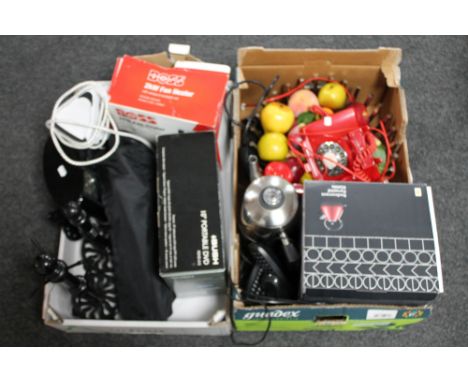 Two boxes of kitchen electricals, fan heater, retro style telephone, fruit bowl with artificial fruit, mantel clock etc 