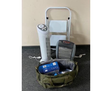 A set of metal folding stool steps together with a tower fan, halogen heater, holdall containing telephone and timer switches