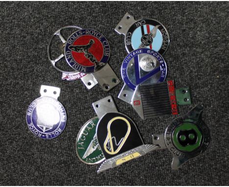 A collection of chrome car badges; Bentley Drivers Club, Rolls-Royce, Morgan etc 