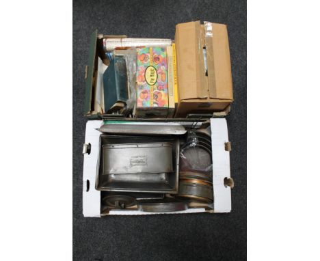 Two boxes of vintage kitchen baking trays and cake tins, Brevel pie magic, Cookery books etc 