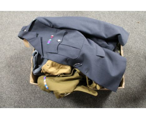 A box of Army and Navy uniforms, quantity of Army camouflage jackets 