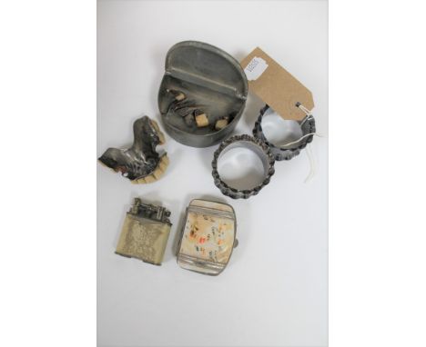 A pair of silver napkin rings together with an antique pewter box, miniature mother of pearl purse, pocket lighter etc