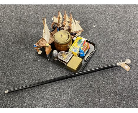 A tray of two wooden ship's on stands, wooden biscuit barrel, Vanguards die cast car, hip flask, together with a walking cane