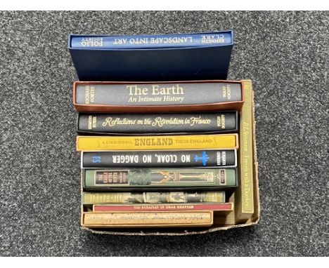 A box of ten Folio Society volumes, Travels with a Donkey, The Earth; An Intimate History, No Cloak No Dagger, all in slip co