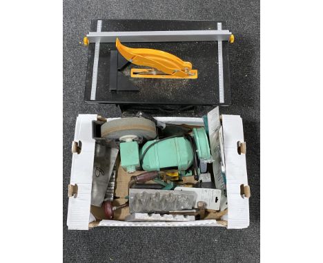 A Tooltec electric table saw together with a box containing Tooltec grinder, garden tools, lead casts etc 