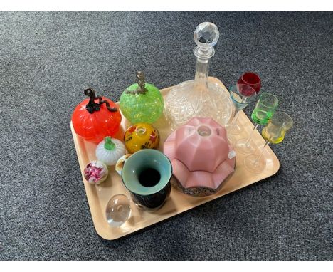 A tray of assorted glass ware, art glass vases, paperweights, Art Deco glass light shade, liqueur glasses, lead crystal ship'