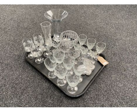 A tray of assorted glass ware to include vases, butterfly trinket dish, rose bowl, assorted drinking glasses 