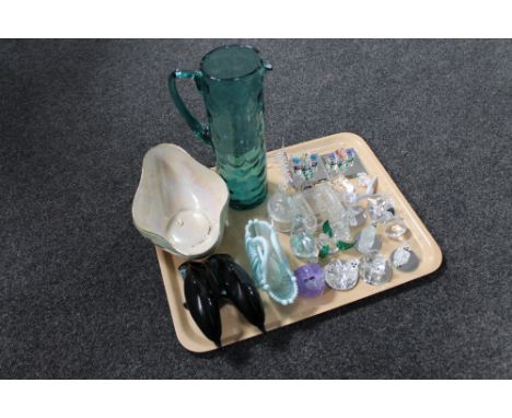 A tray of Maling bowl, Poole dolphins, vaseline glass basket, paperweight, lead crystal etc 