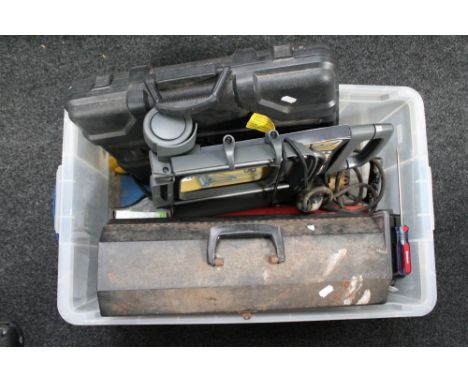 A box of metal tool box and hand tools, electric drill, cased tool kit, folding lightweight sack barrow 