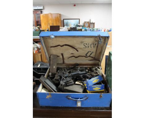 An early 20th century painted joiner's box (wormed) together with a large quantity of assorted woodworking planes, hand tools