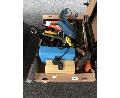 A box of assorted hand tools, Black &amp; Decker angle grinder, electric drill 