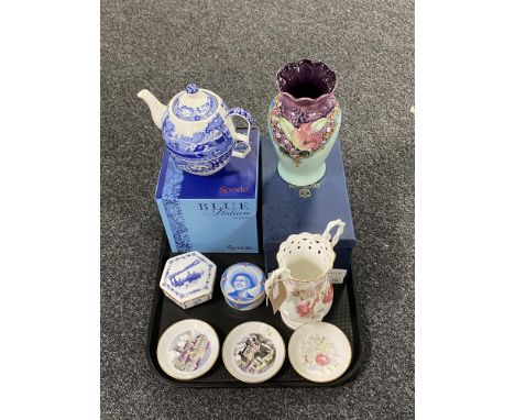 A tray containing a boxed Old Tupton ware vase, boxed Spode Italian tea for two, Royal Worcester pin dishes, lidded trinket p