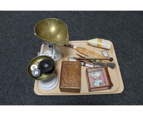 A tray of vintage kitchen scales with weights, carved hardwood box, pair of hand painted figures in display case, shark's too