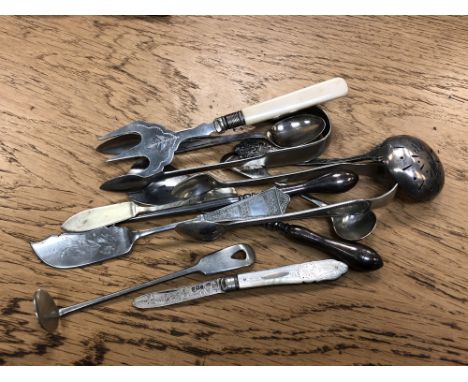 A group of EPNS cutlery, silver handled button hook and similar show horn, silver and mother of pearl fruit knife (a/f) etc