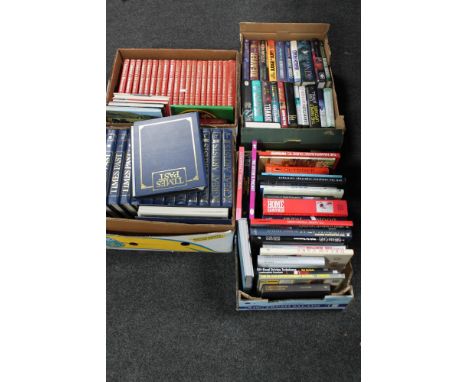 Four boxes of hard backed books - John Gresham, reference, stamp album, Encyclopedia etc 