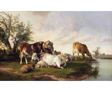 Thomas Sidney Cooper RA (1803-1902) Cattle and sheep on a riverbank Signed and dated 1881, oil on canvas.73.5cm x 119.5cm (29