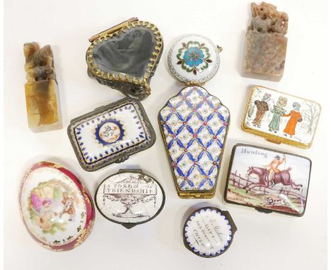 Collection of enamel snuff boxes and carved hardstone Collection of enamel snuff boxes, one inscribed 'Hunting' with a huntsm