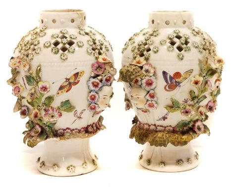 Pair of late 18th century Derby vases Pair of late 18th century Derby vases, applied with masks, leaves and flora and painted