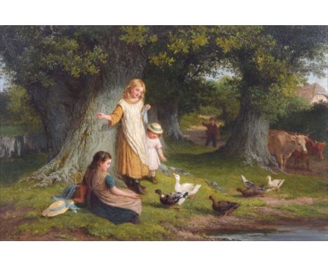 Edward Holmes (British 1841-1891) "Feeding the Ducks" Signed and dated 1878, titled on the mount, oil on canvas.49.5cm x 75cm