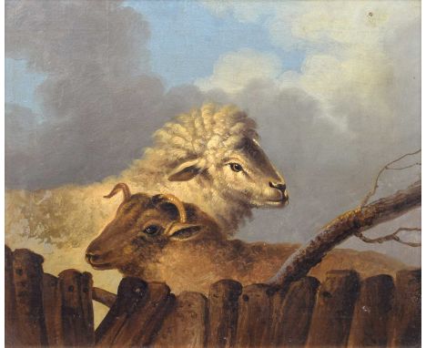 Circle of George Morland (British 1763-1804) Sheep Bears initials, oil on canvas laid on board.24.5cm x 29.5cm (9.5in x 11.75