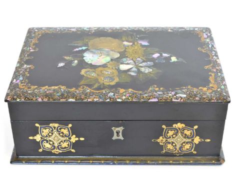 Victorian Papier Mache Sewing Box Victorian mother-of-pearl papier mache floral decorated sewing box with gilt details, openi