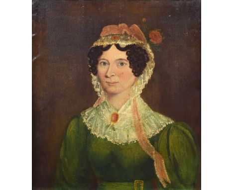 English School (19th century) Portrait of a lady wearing a green dress and lace bonnet Unsigned, oil on canvas.50cm x 44.5cm 