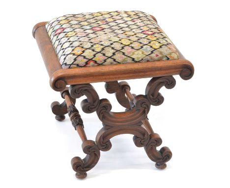 Victorian Mahogany 'X' Framed Stool Victorian mahogany 'X' framed stool, tapestry drop-in seat, scrollwork frieze above a car