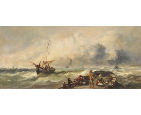 British School (19th century) Coastal view with figures and various shipping Unsigned, oil on board.20cm x 45cm (7.75in x 17.