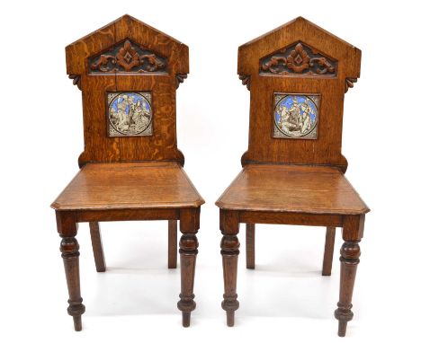 Pair of Victorian Gothic Revival Hall Chairs with John Moyr Smith Tiled Backs Pair of Victorian gothic revival oak hall chair
