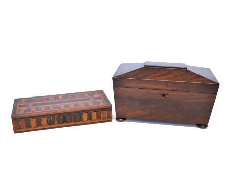 Tunbridge Ware Box and Mahogany Tea Caddy 19th century Tunbridge ware box, rectangular with decoration inside the lid and a m