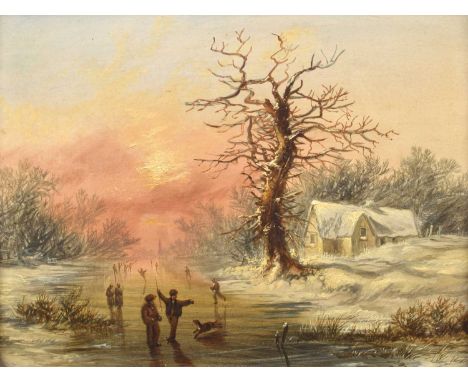 H. Alkens (19th century) Figures skating at sunset Unsigned, oil on board.22.5cm x 30cm (8.75in x 11.75in)The painting is in 